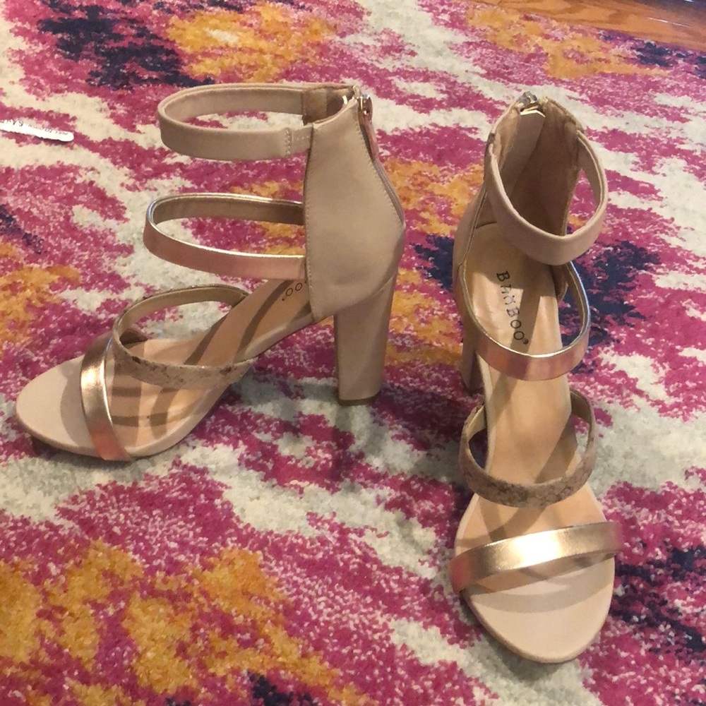 Tan and gold heels